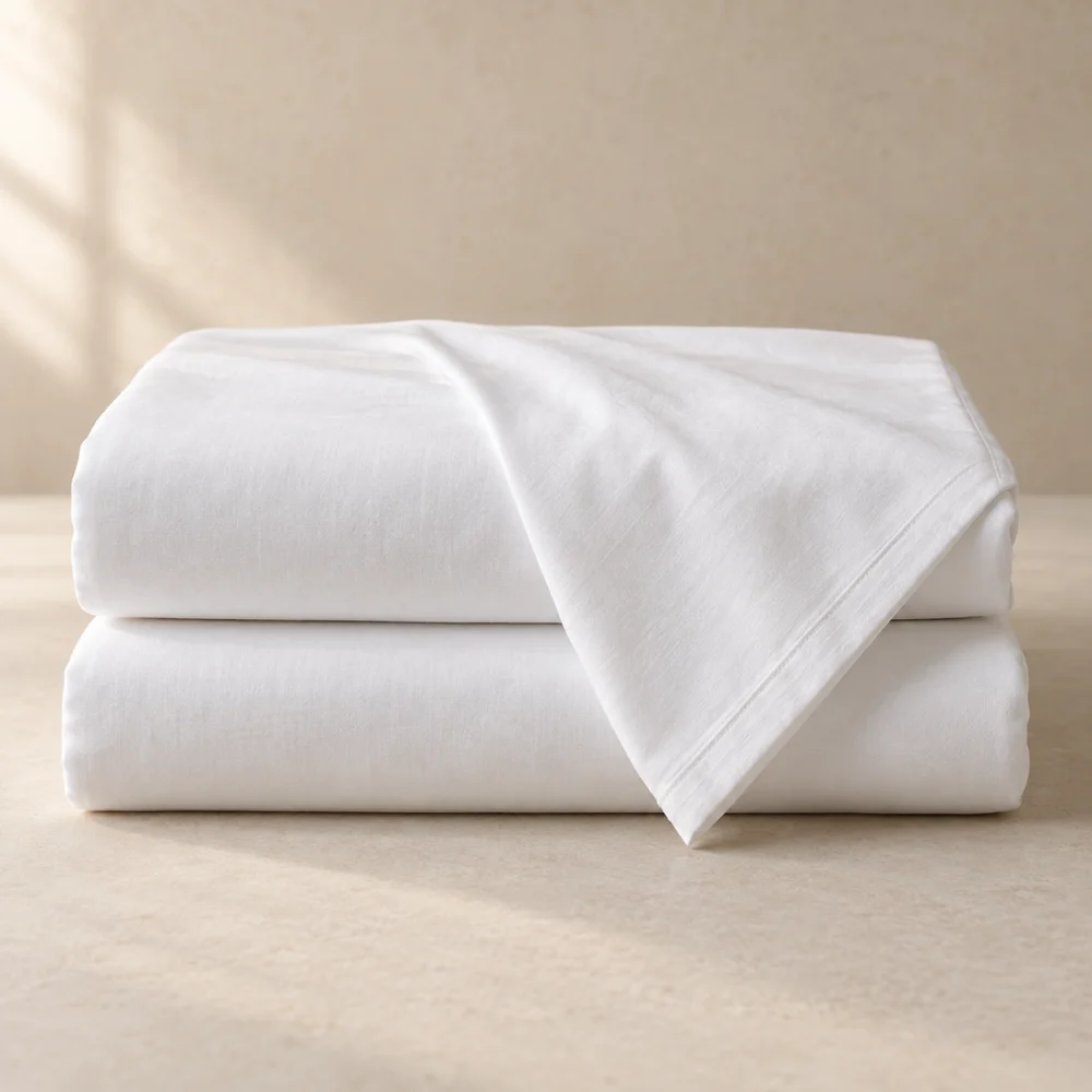Crisp white hotel bed linen prepared for hospitality use