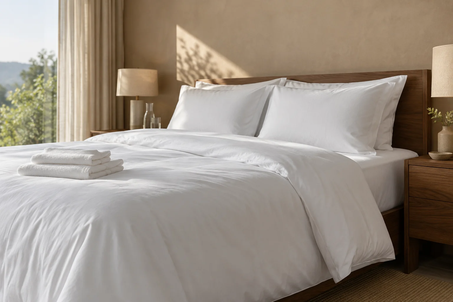 Illustrative hotel setting with plain white bedding and towels
