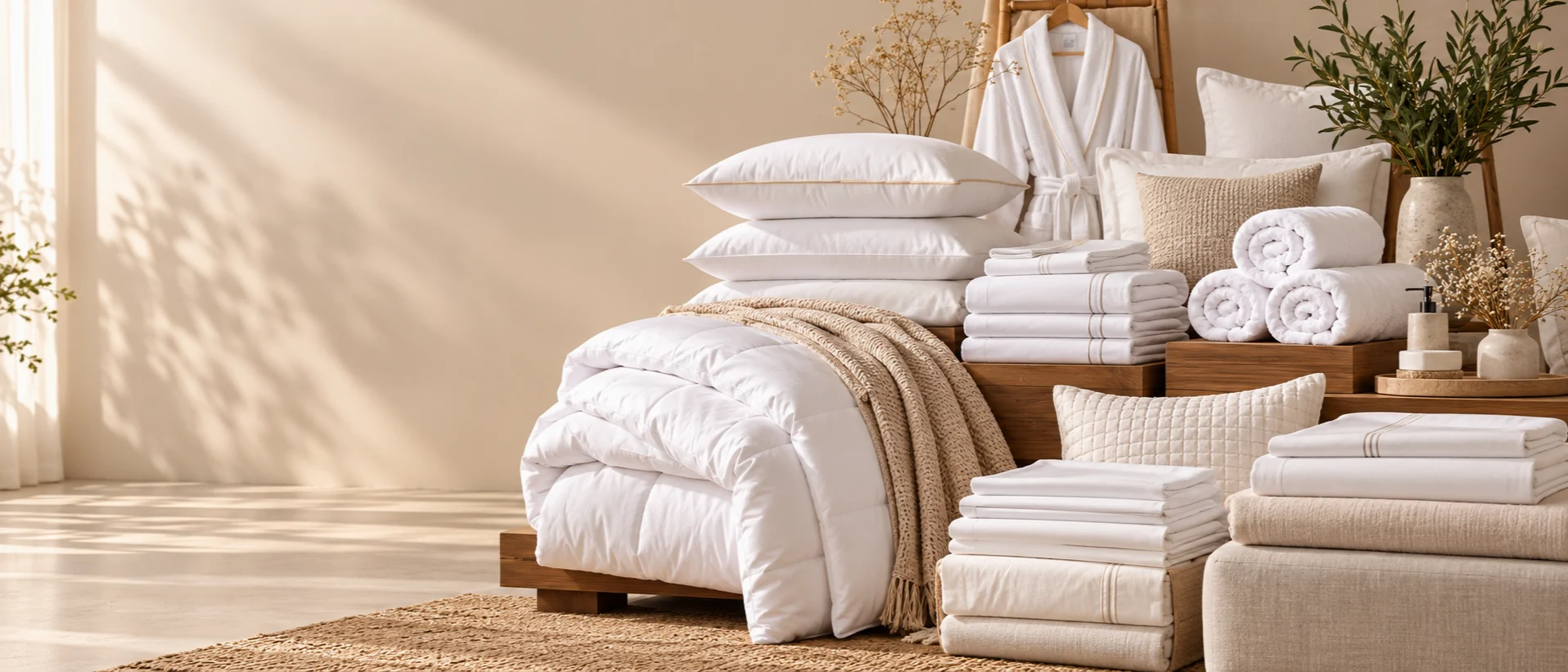 White hotel bedding with pillows and a comforter in a warm hospitality room