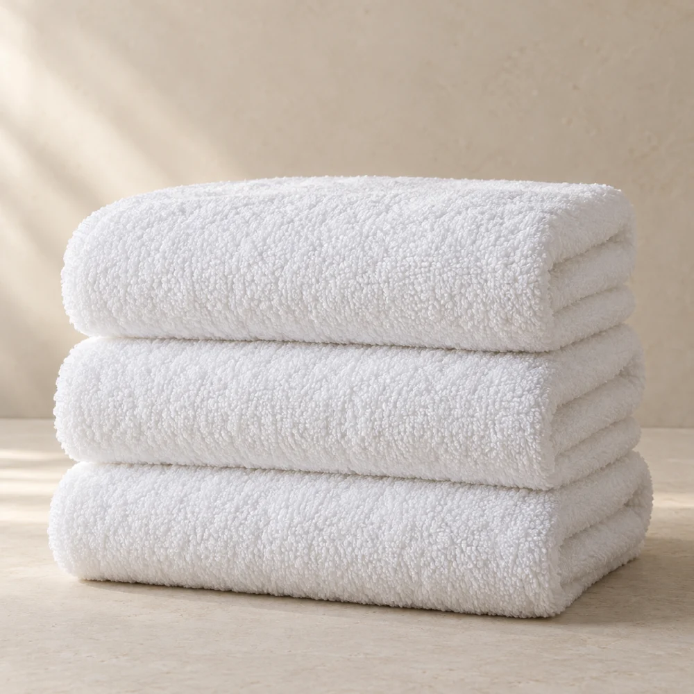 Illustrative folded plain white towels for hospitality enquiries