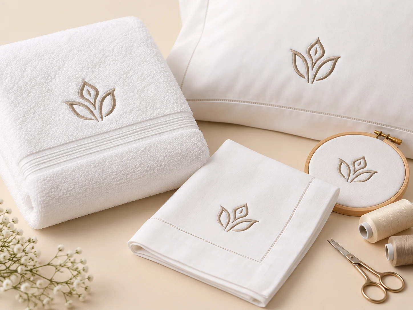 Custom embroidered hotel logo on premium linen by BIY Textile